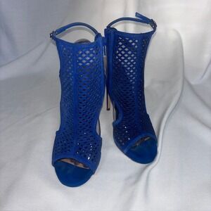 Steve Madden Mely Blue Leather Laser Cut Cage Booties Peep Toe Stiletto Heels 8M